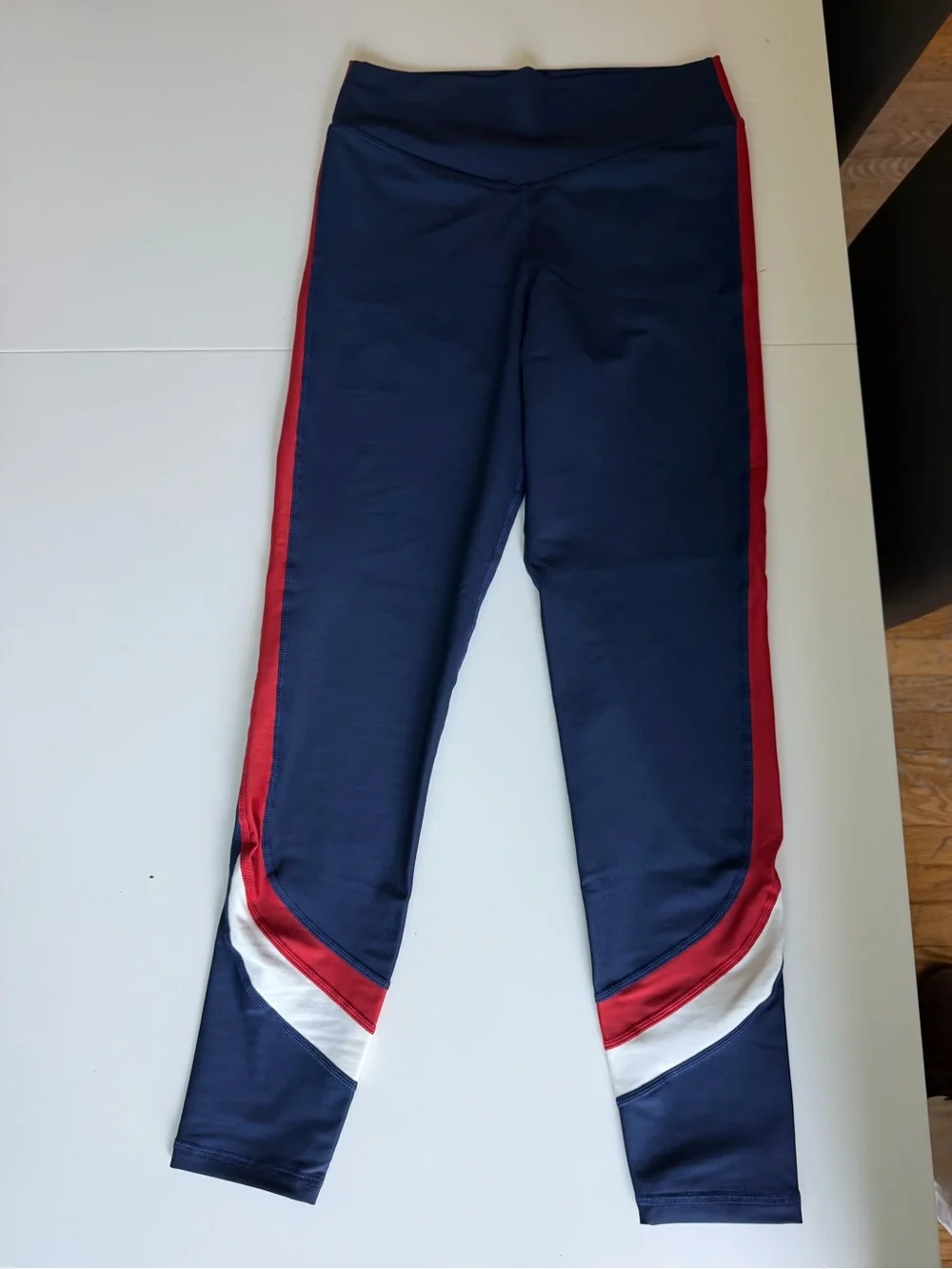 The Upside Navy Leggings with Red and White Side Stripes